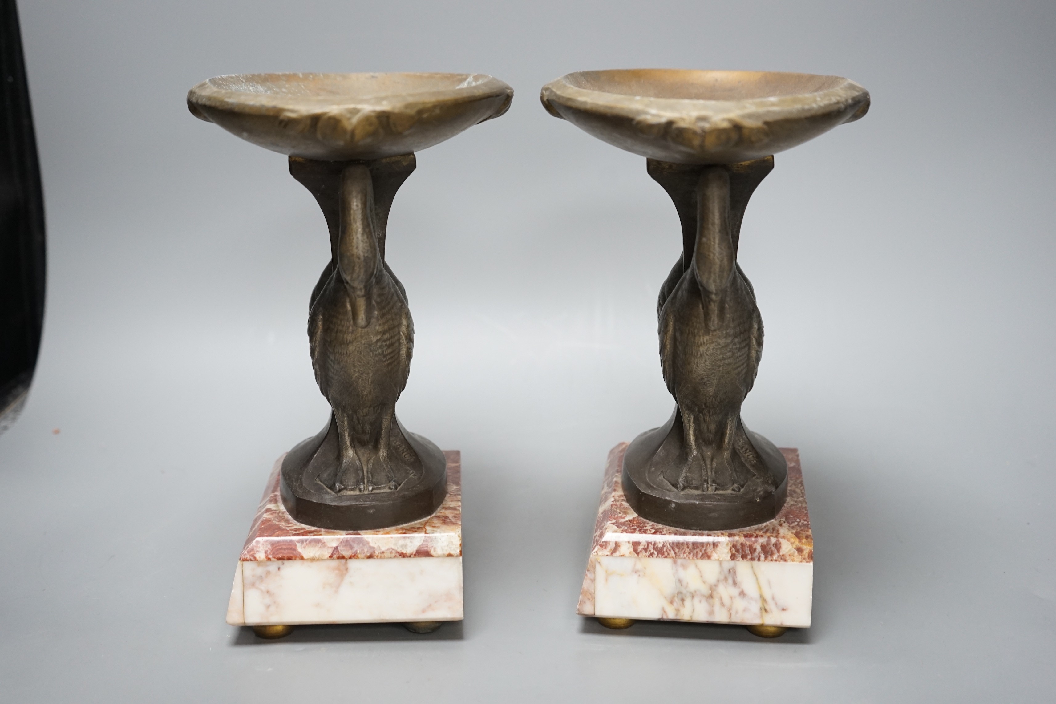A pair of Art Deco spelter and marble ‘swan’ garnitures, 24cm